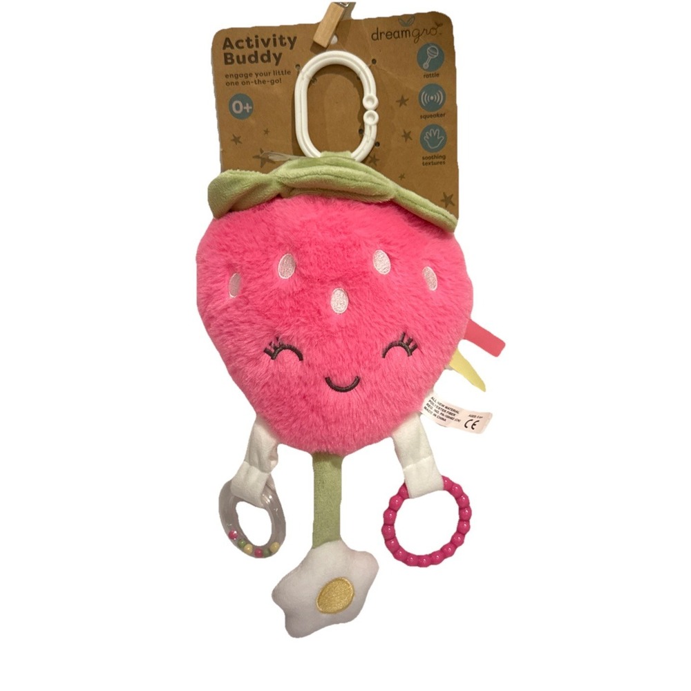 NWT Baby Pink Strawberry Lovey Plush Activity Stroller Buddy And On The‎ Go Clip